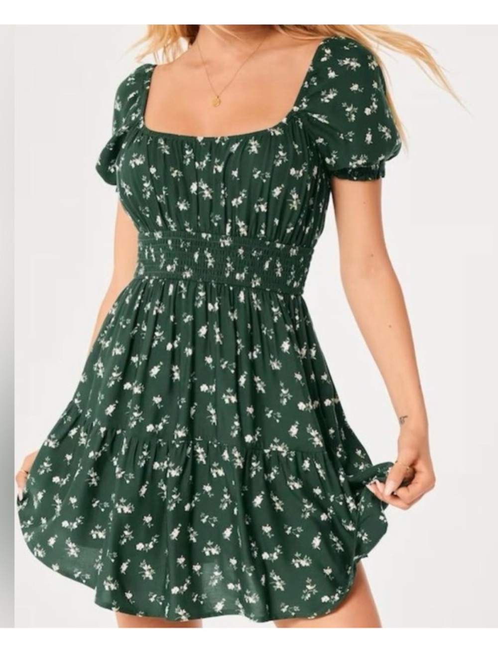 Hollister Dark Green Floral Puff-Sleeve Mini Dress